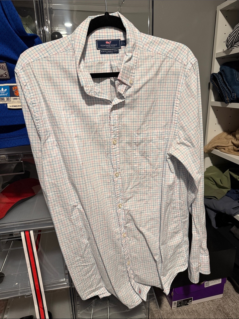 Vineyard Vines White Button-Down Shirt with Blue & Pink Grid